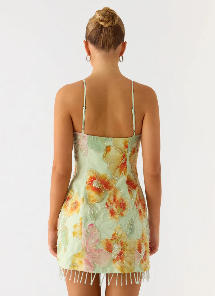 Gatiana Abito Mini con Paillettes e Perline - Verde con Fiori in Perline
