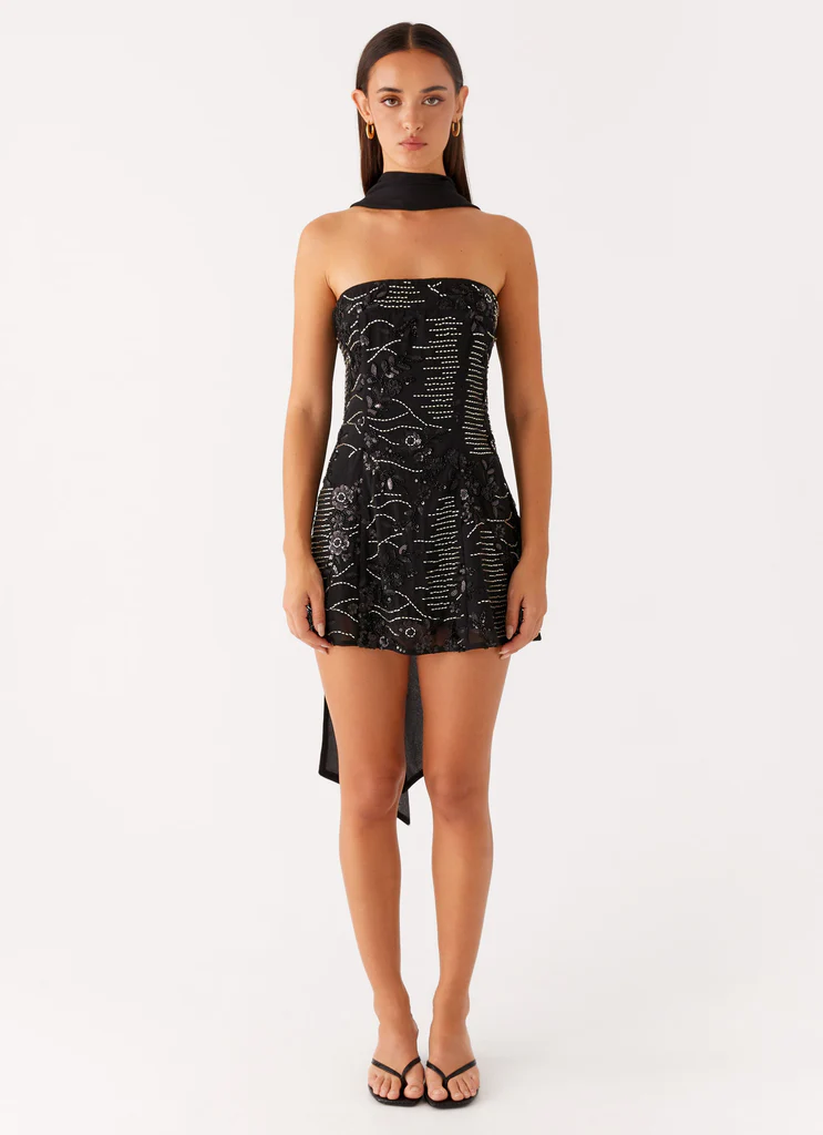 Kiesha Vestito Mini a Farfallino Senza Spalline - Nero