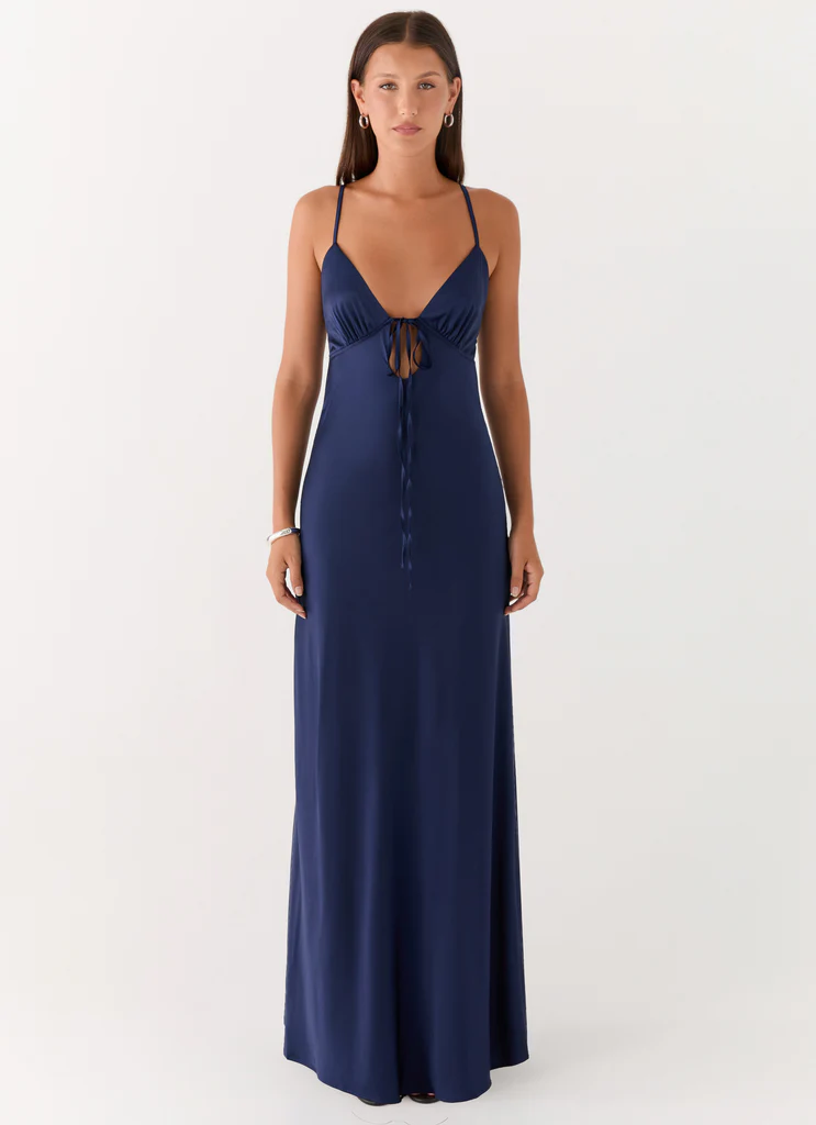 Abito Maxi in Seta Flora - Blu Navy