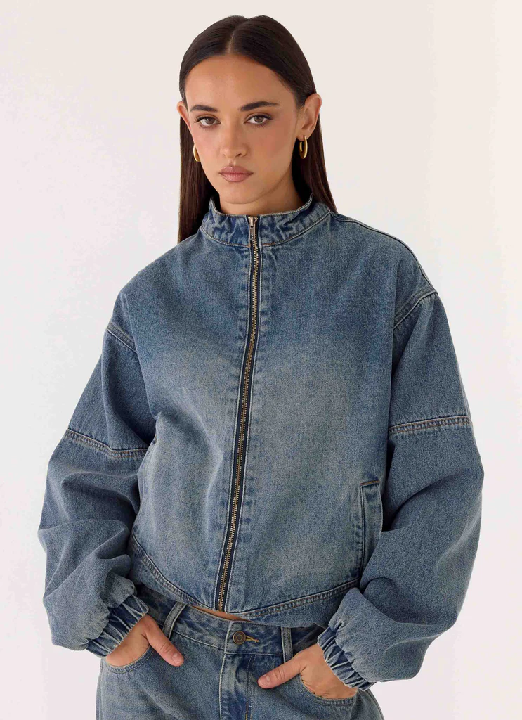Giubbotto Bomber in Denim Waylon - Blu Medio Lavaggio