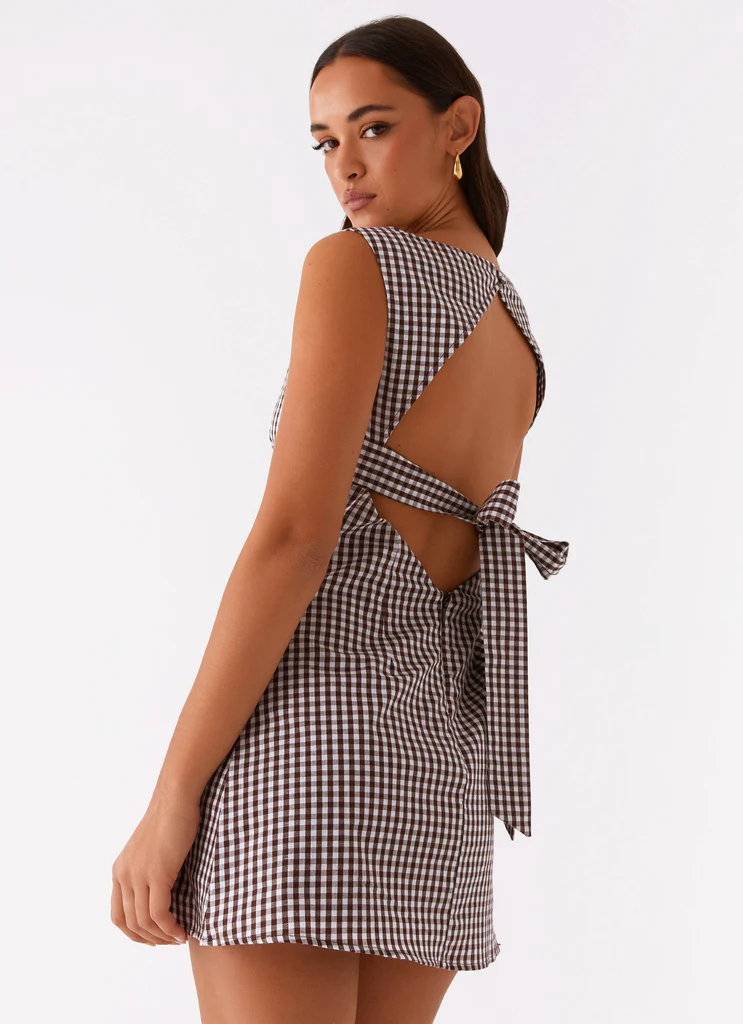 Vestito Mini con Cinturino sul Retro Lotus - Chocolate Gingham