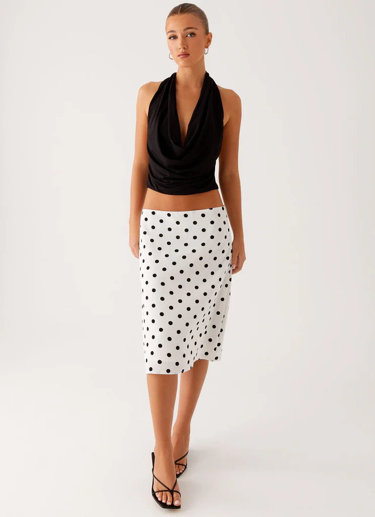 Evoke Chiffon Midi Skirt – Puntini Bianchi Evoke Chiffon Midi Skirt - Puntini Bianchi