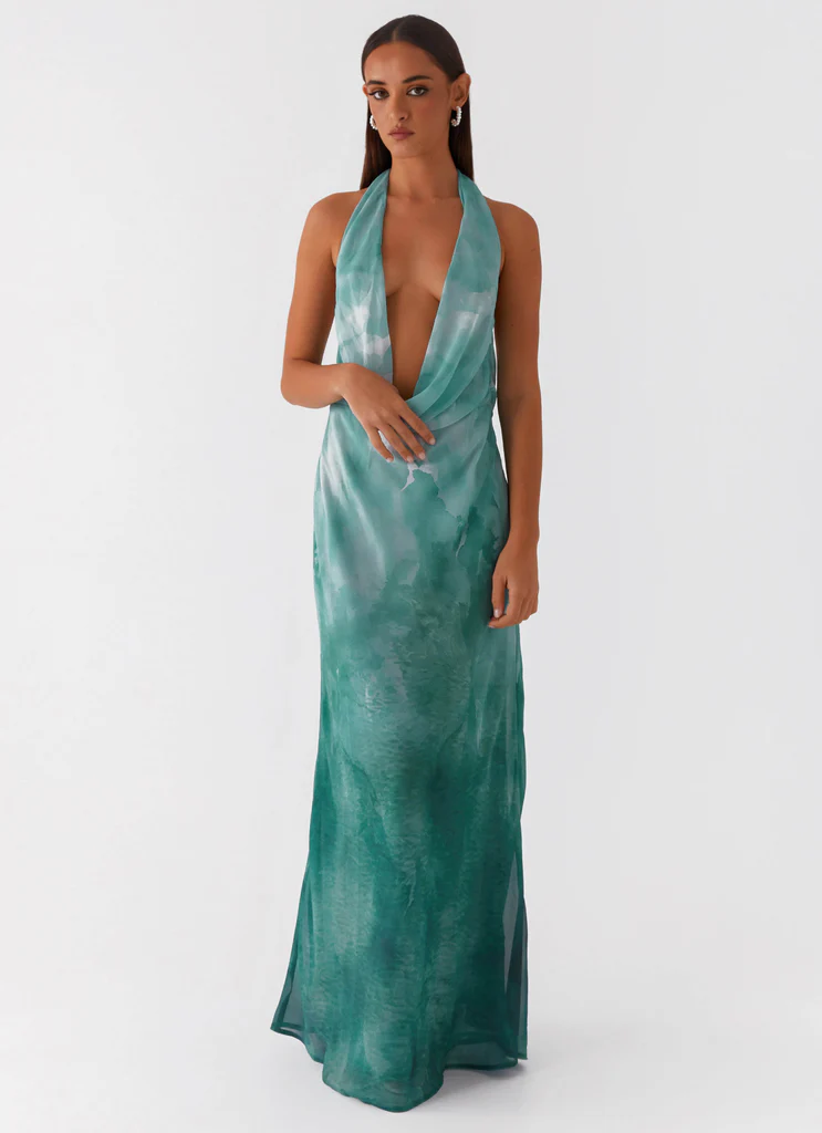 Abito Maxi con Collo a Spalla Nera Nerissa - Verde Tie Dye