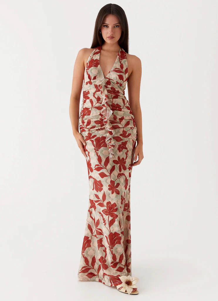 Abito Maxi a Spalline Ardenia - Fiori Rosso Verde