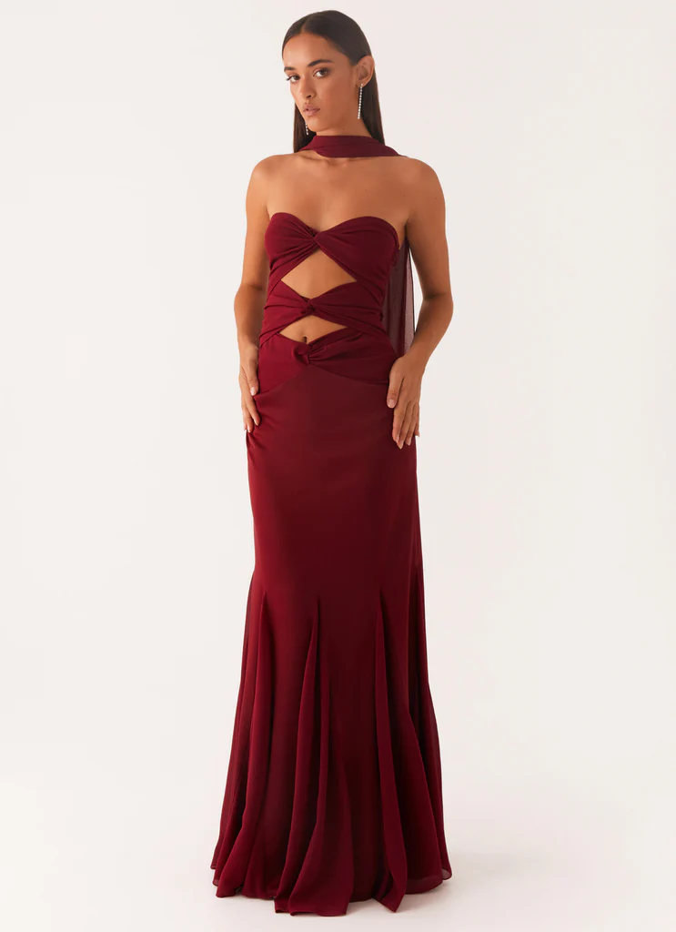Vestito Maxi in Chiffon Satin Melrose - Rosso Scuro