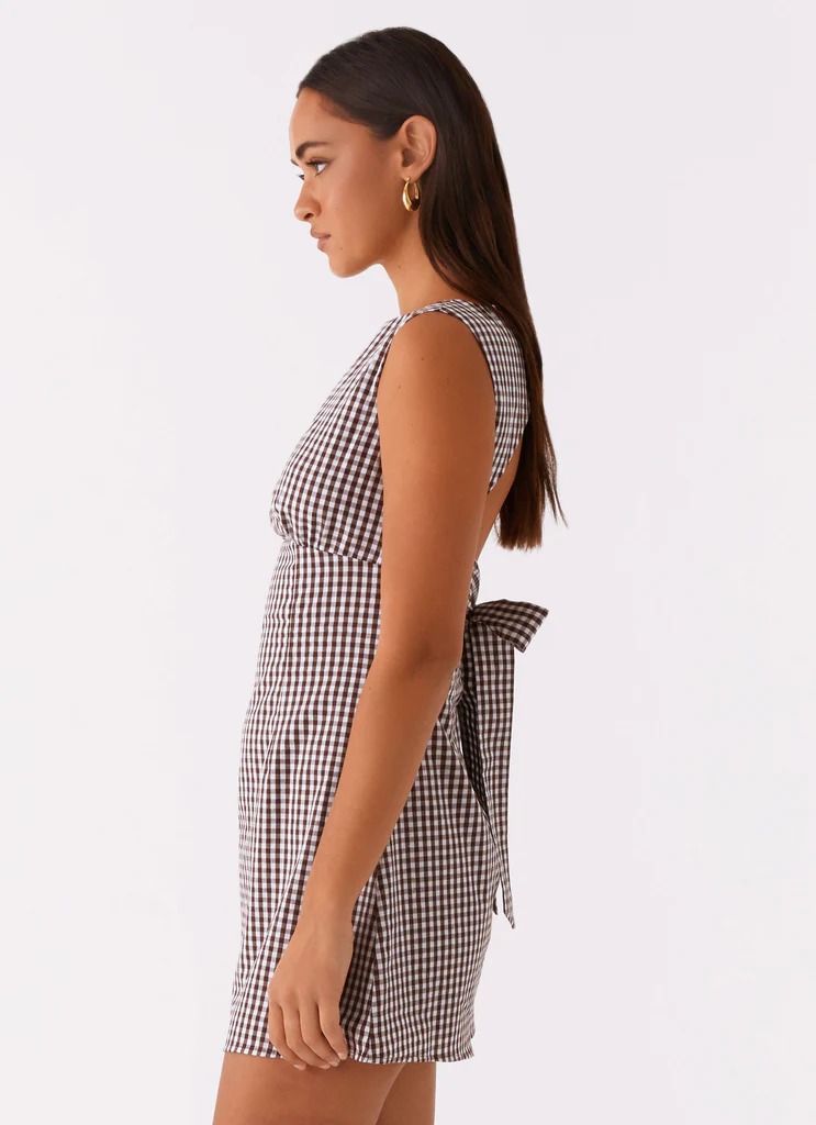 Vestito Mini con Cinturino sul Retro Lotus - Chocolate Gingham
