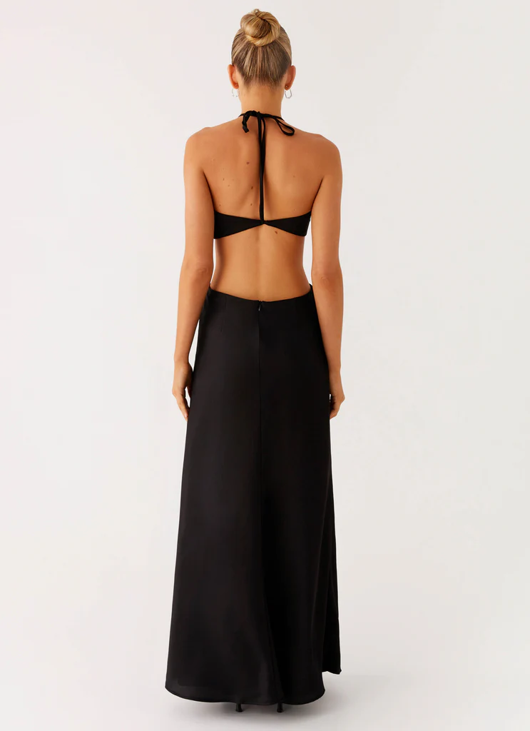 Abito Maxi con Scollatura a Cuore e Fessure - Nero