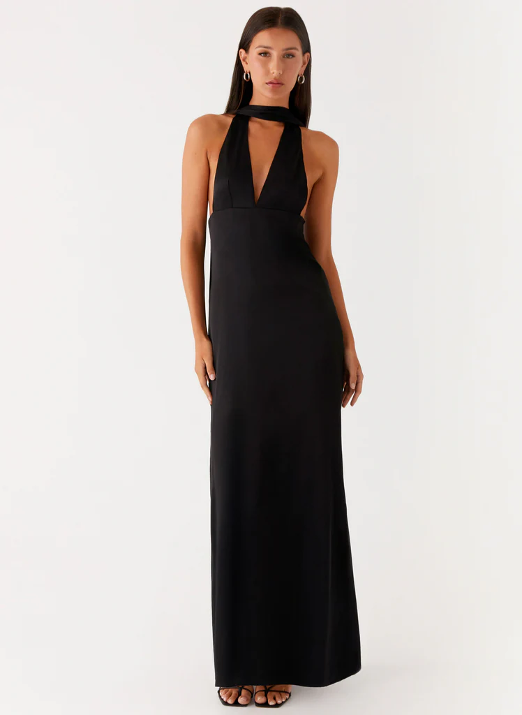 Alicia Abito Maxi in Seta con Spalline - Nero
