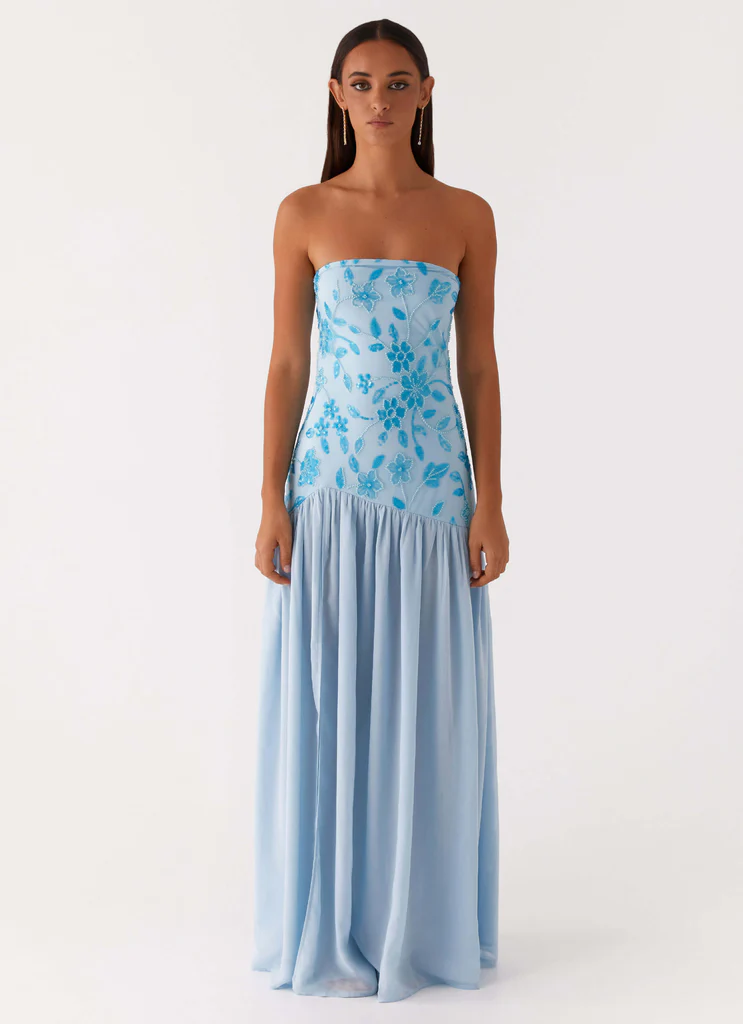 Vestito Maxi Senza Spalline con Perline Eden – Blu Vestito Maxi Senza Spalline con Perline Eden - Blu
