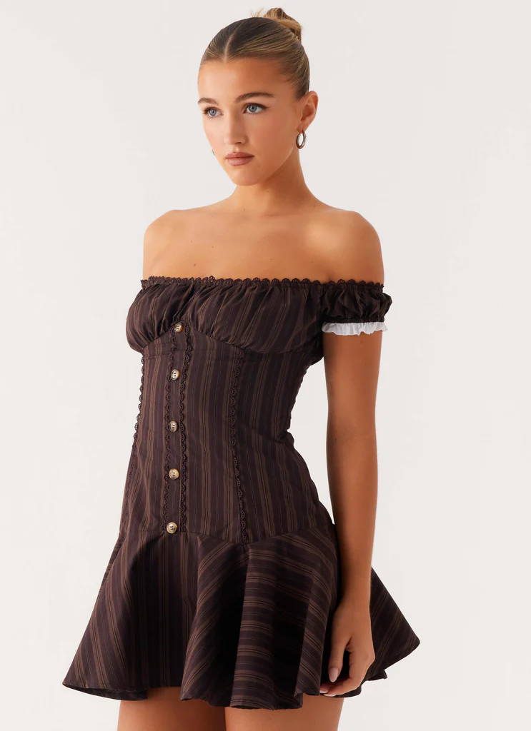 Vestito Mini Scollo a Spalla - Strisce Caramella