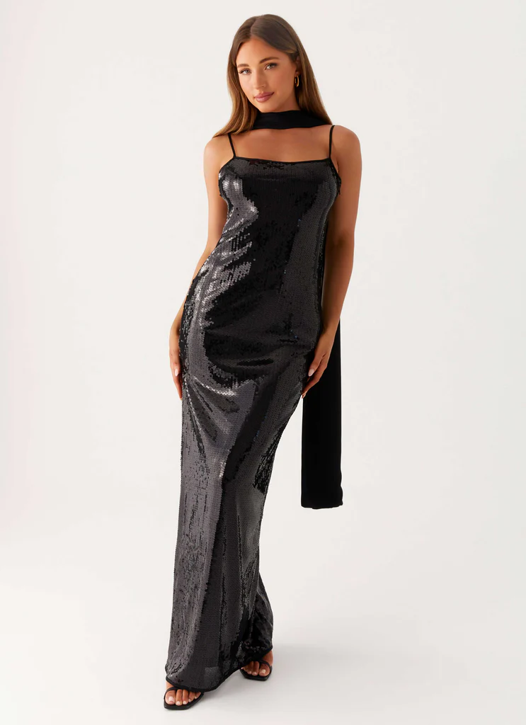 Abito Maxi con Spalle a Sciarpa e Paillettes - Nero