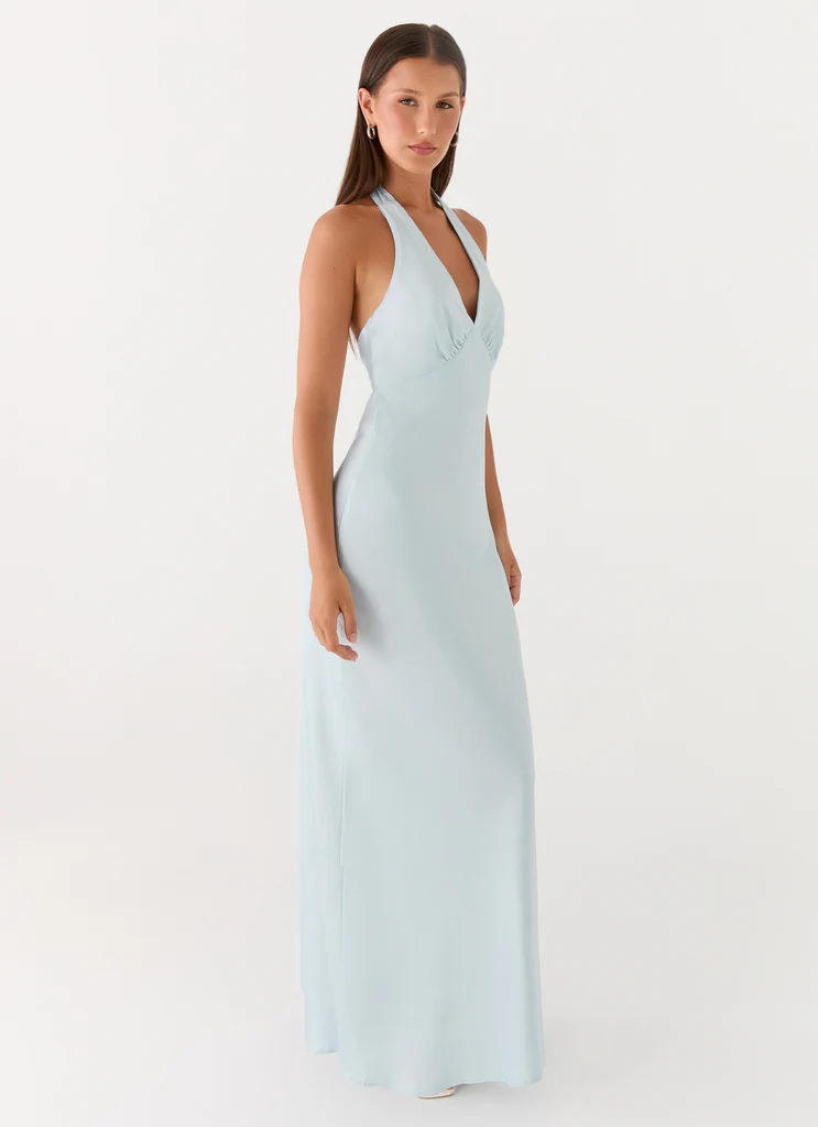 Abito Maxi in Seta con Design a Schiena Aperta - Blu Ghiaccio