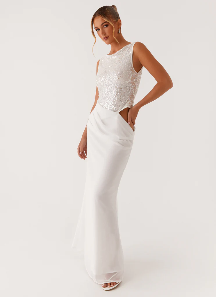 Abbigliamento Maxi con Paillettes Sopra il Suolo - Bianco