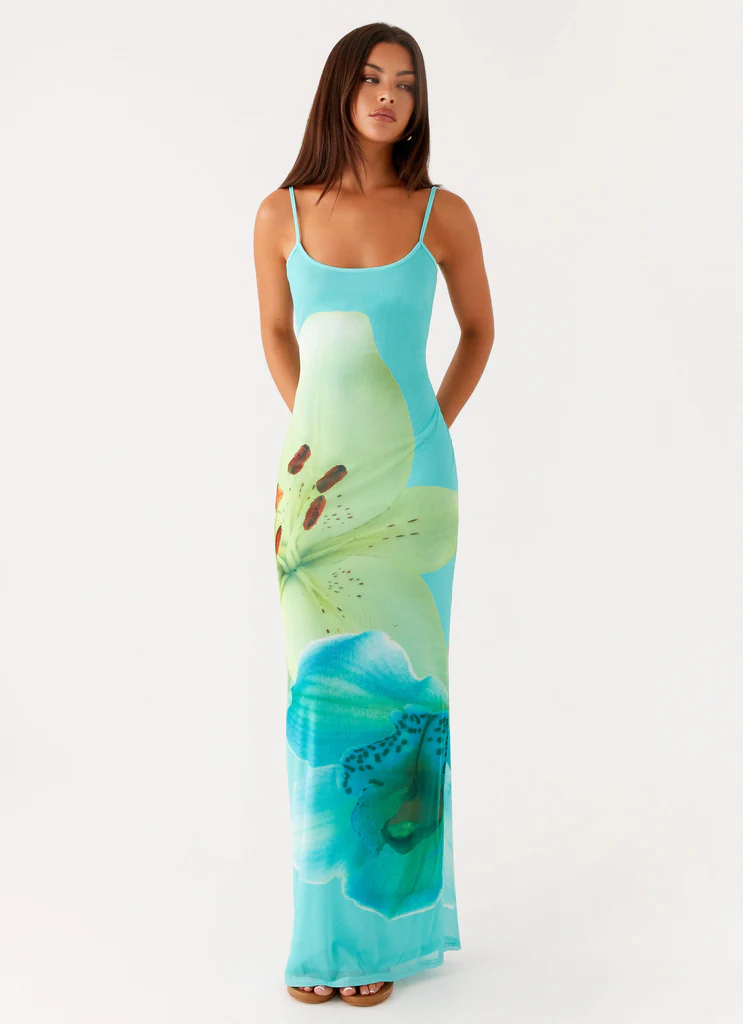 Abito Maxi in Maglia Bad News - Fiore Blu Turquoise