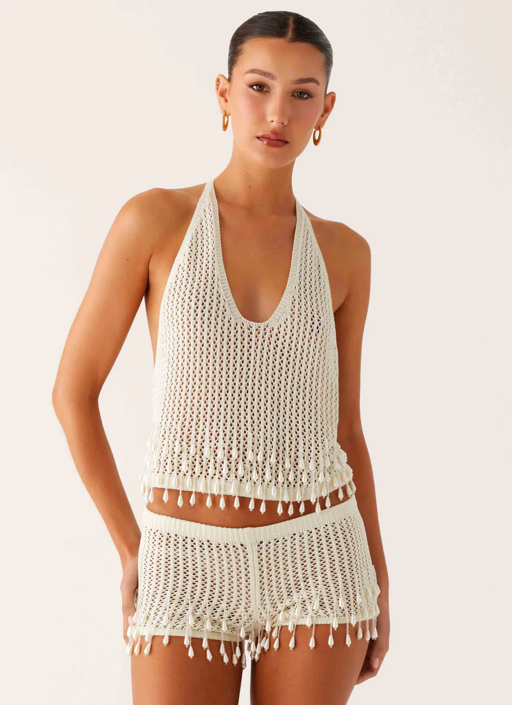 Mini Pantaloncini Aderenti in Crochet con Perline Pearl Shore - Avorio