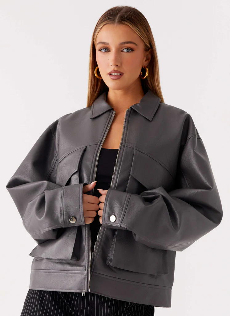 Giubbotto Bomber in Pelle Finta Lula - Grigio