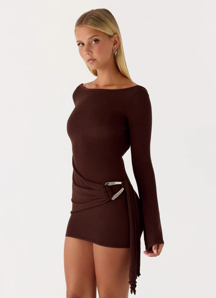 Vestito Mini a Maniche Lunghe con Cintura a Farfalla Niella - Cioccolato