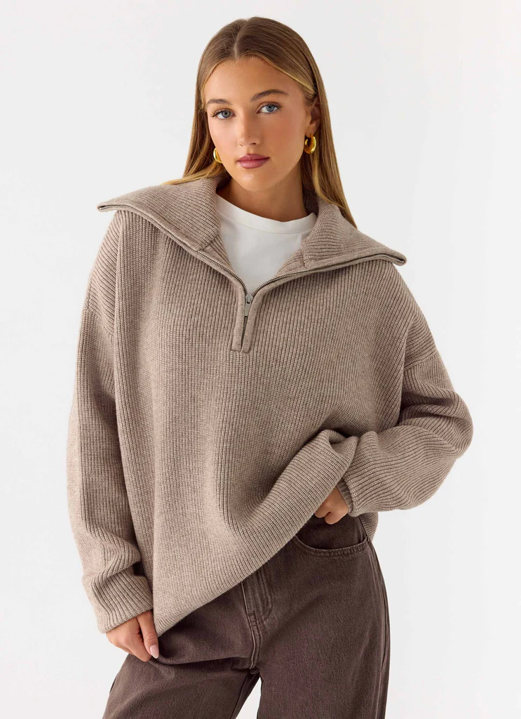 Pullover Eirena a Mezza Cerniera in Maglia - Tan