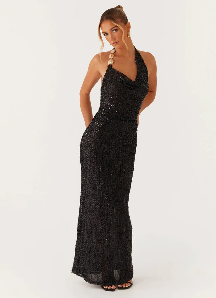 Abito Maxi con Scintillii e Collo a Camicia After Tonight - Nero