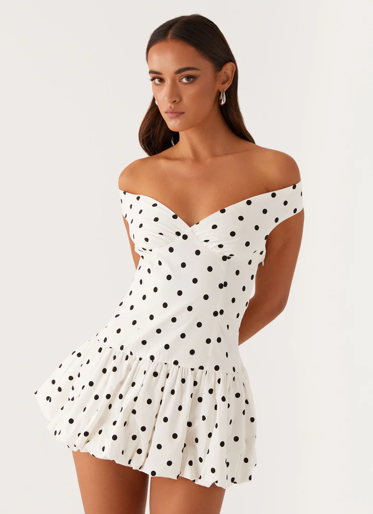Vestito Midi Scollo a Spalla Libera Endless Romance - Puntini Bianchi