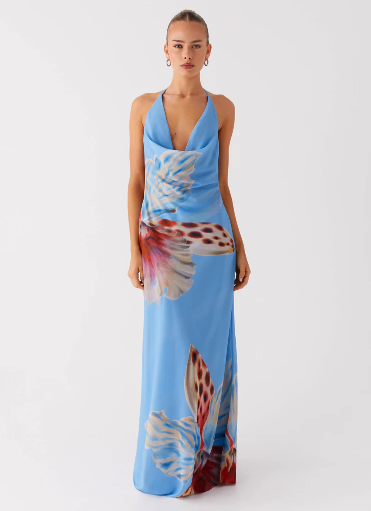 Vestito Maxi Scollatura a Camicia Stars Align - Fioritura di Mare Profondo
