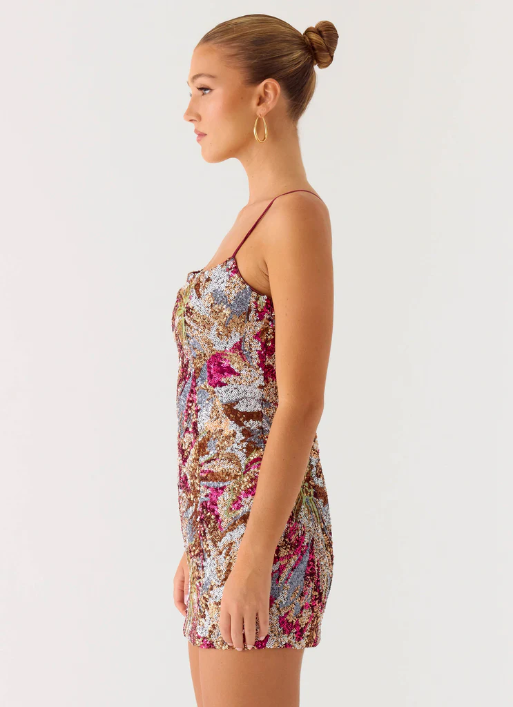 Vestito Mini in Tulle con Paillettes Soul Sound - Fiori Fucsia con Perline