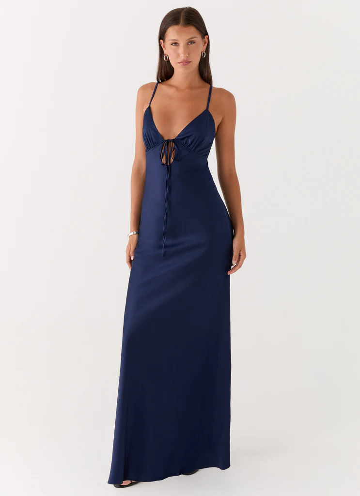 Abito Maxi in Seta Flora - Blu Navy