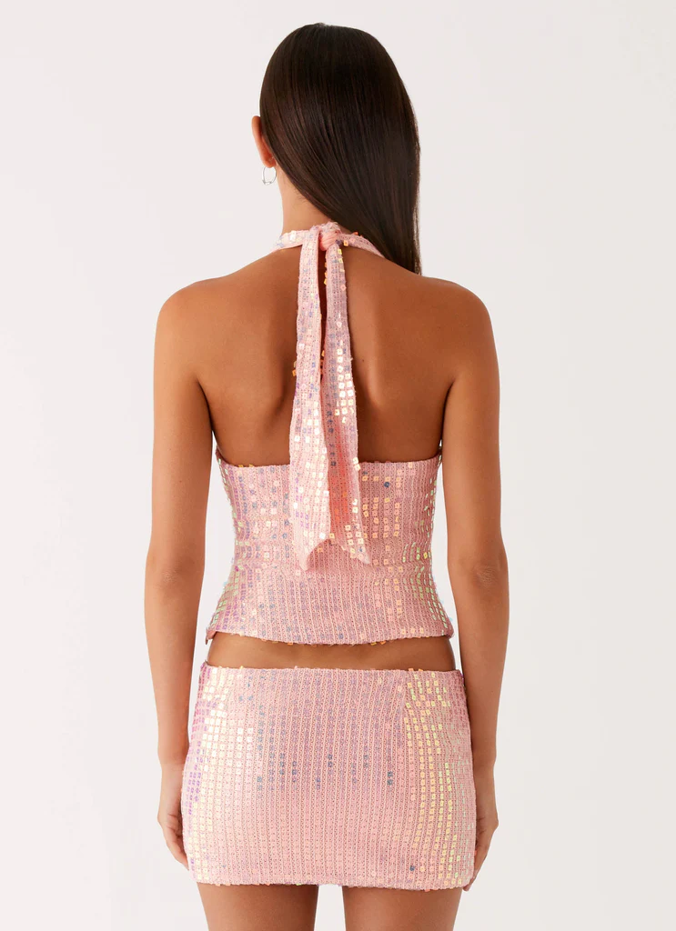 Top in maglia con paillettes a spalline incrociate Been That Girl - Rosa iridescente