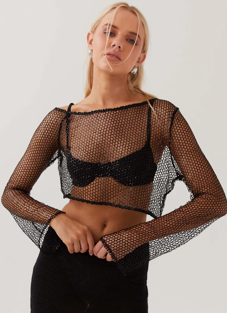Top in rete con paillettes Zali a una spalla - Nero
