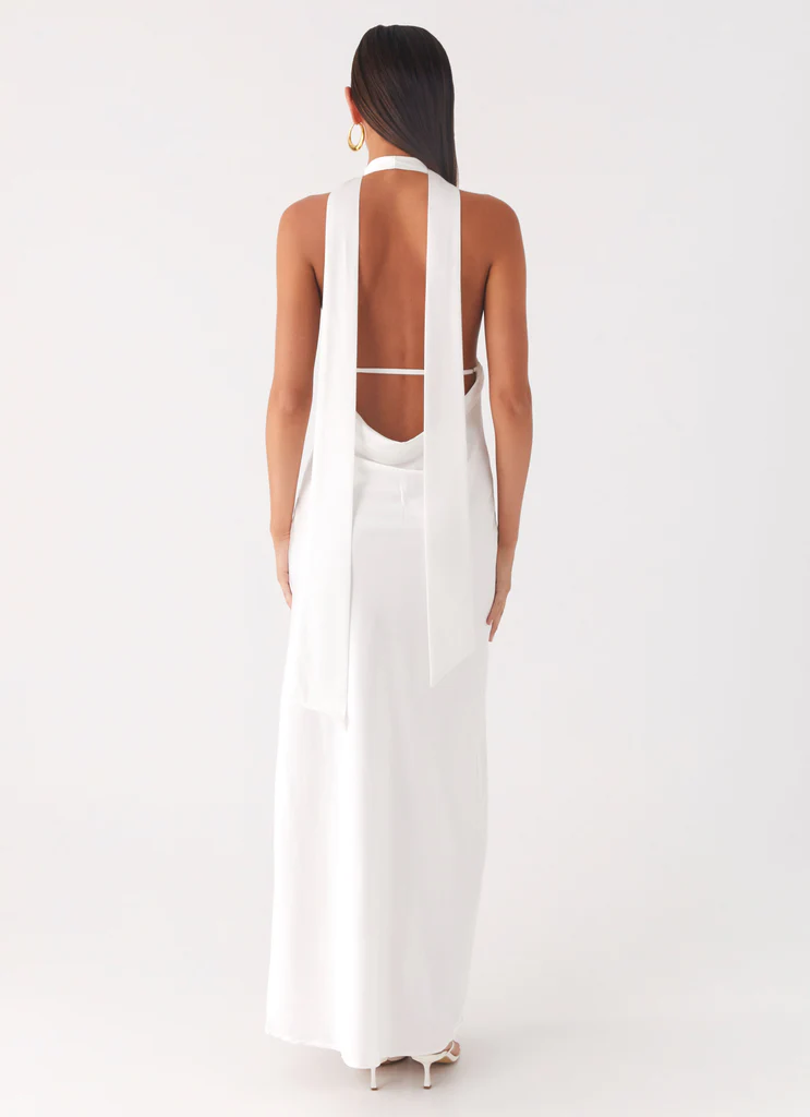 Alicia Abito Maxi in Satin con Cinturino alla Gola - Bianco