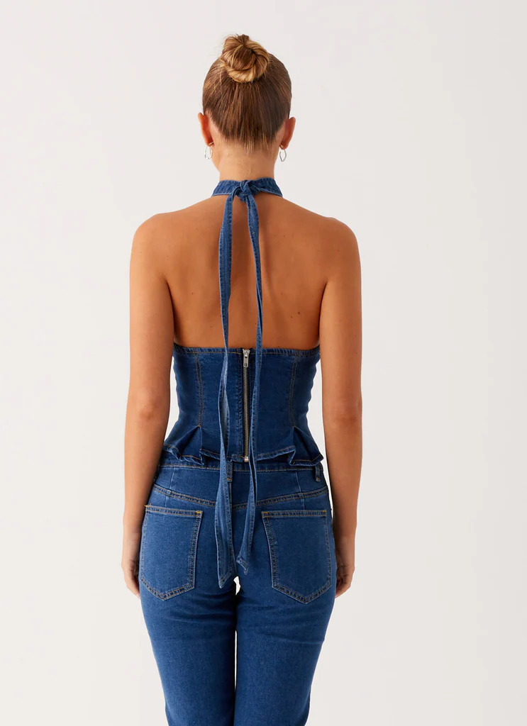 Top in denim con scollo a halter Saylor - Indigo