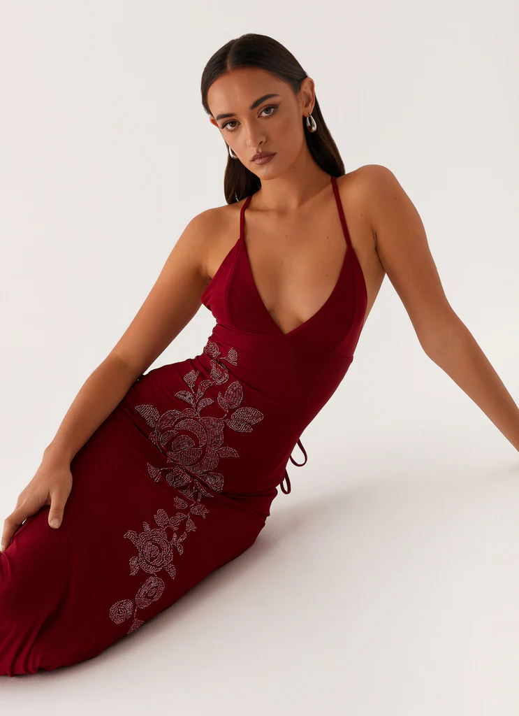 Abito Maxi in Rete con Perline Beki - Rosso Scuro