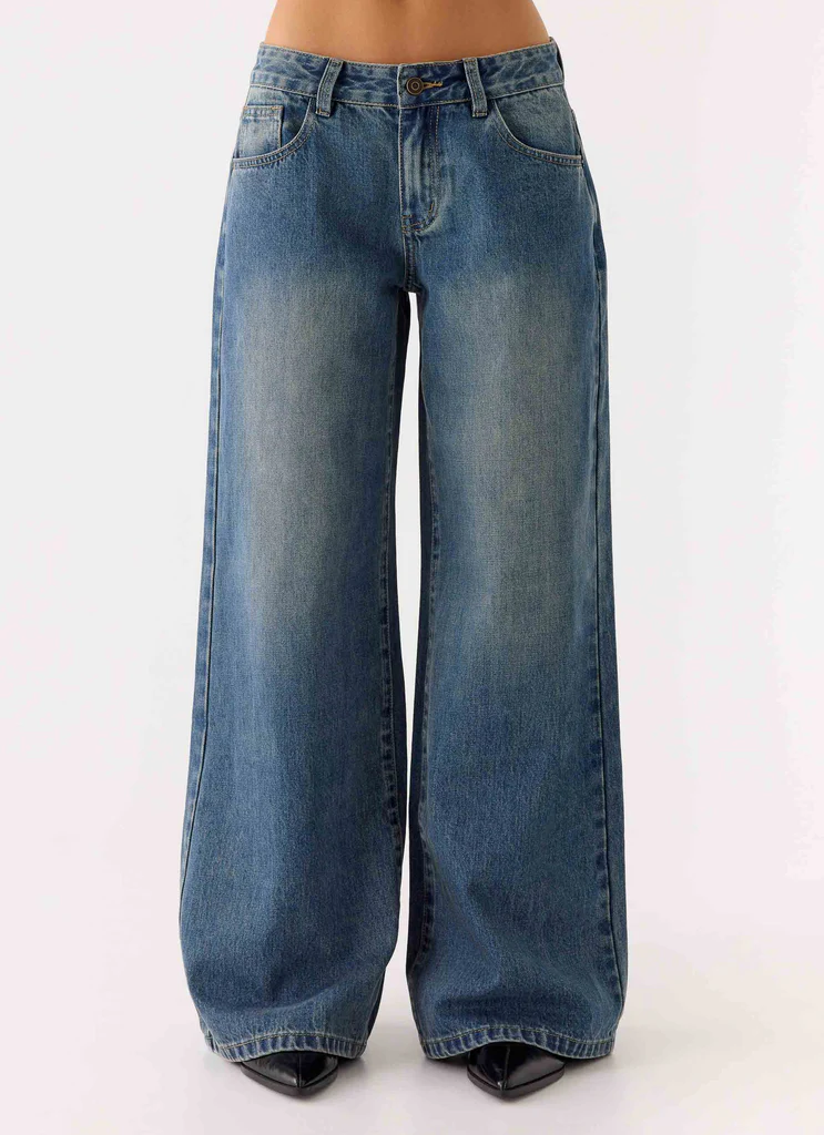 Jeans in Denim a Gambe Larghe Low Rise Neo - Lavaggio Blu Vintage