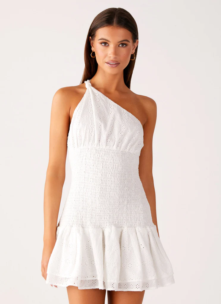 Vestito Mini a Vita Bassa con Ruches Hestia - Bianco