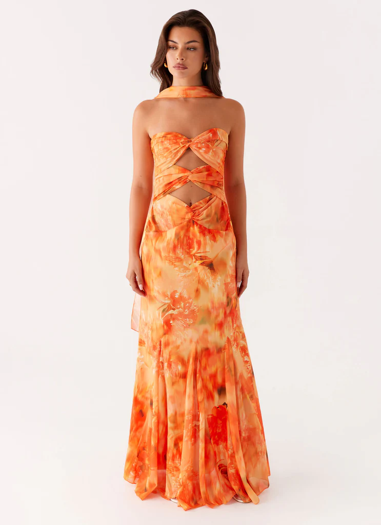 Abito Maxi in Satin e Chiffon Melrose - Fiore di Tramonto