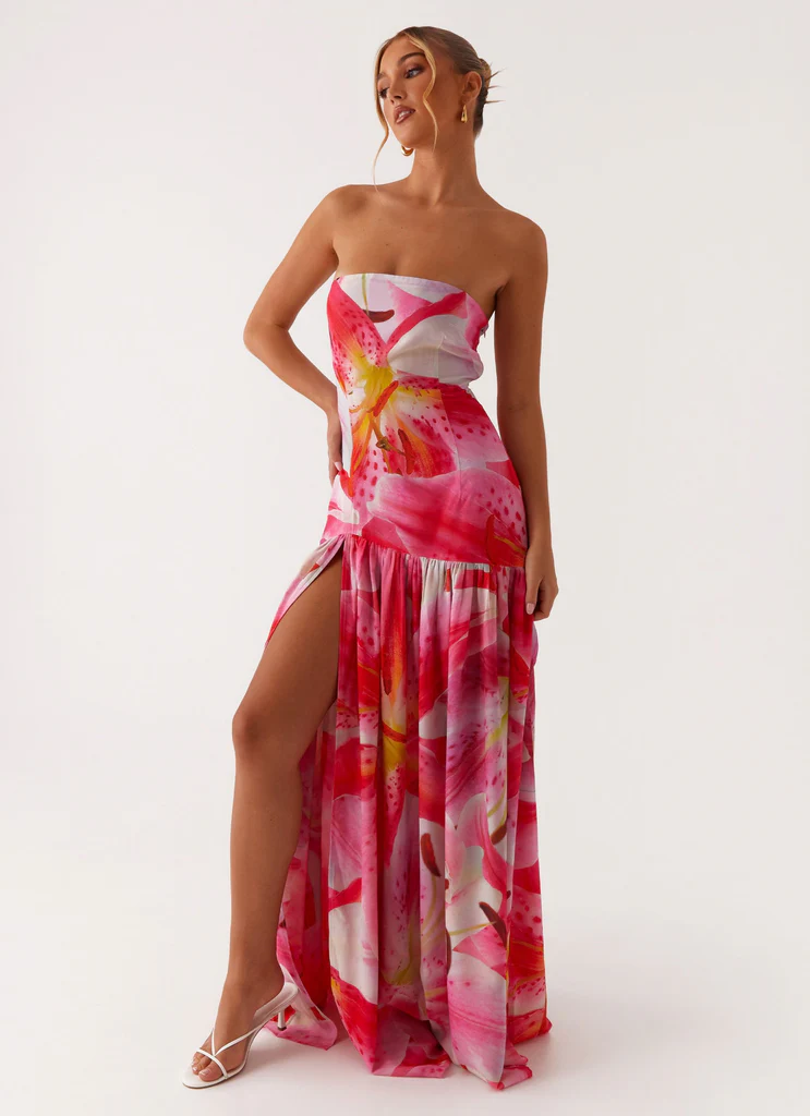 Abito Maxi Senza Spalline Eden - Bianco Rosa Lilly
