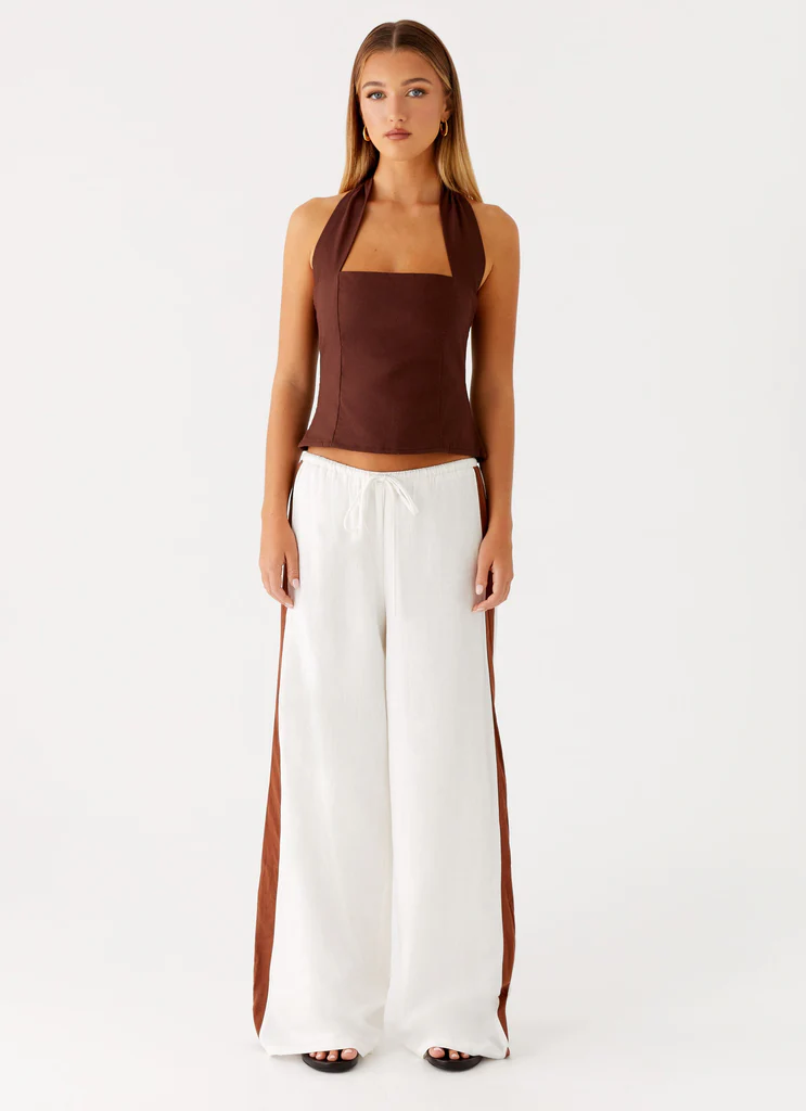 Top in Lino Sunflare con Cinturino - Cioccolato