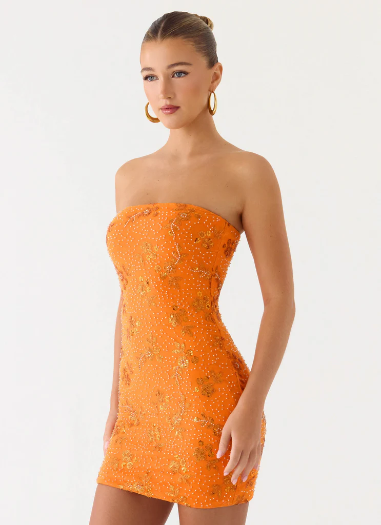 Mini Vestito Push Back con Paillettes e Perline - Arancione