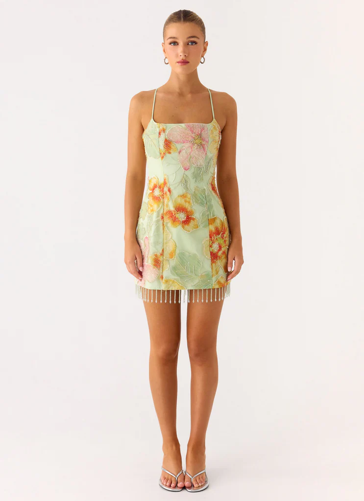 Gatiana Abito Mini con Paillettes e Perline - Verde con Fiori in Perline