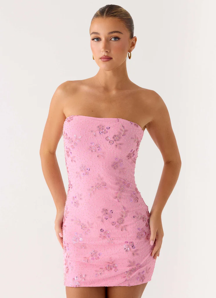 Vestito Mini con Perline e Paillettes a Retro - Rosa