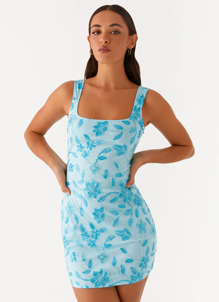 Vestito Mini con Spalline Spesse e Paillettes Starlina a Collo Quadrato - Blu