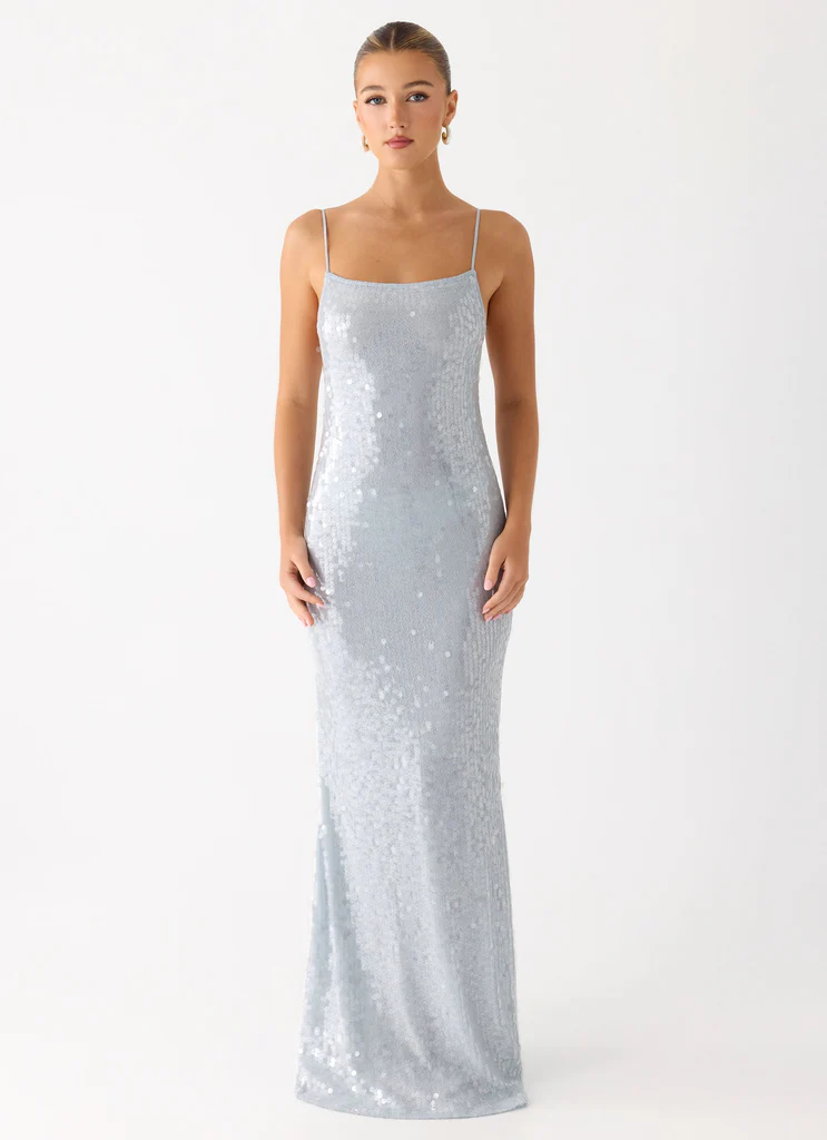 Abito Maxi Solo in Paillettes - Azzurro Nebbia