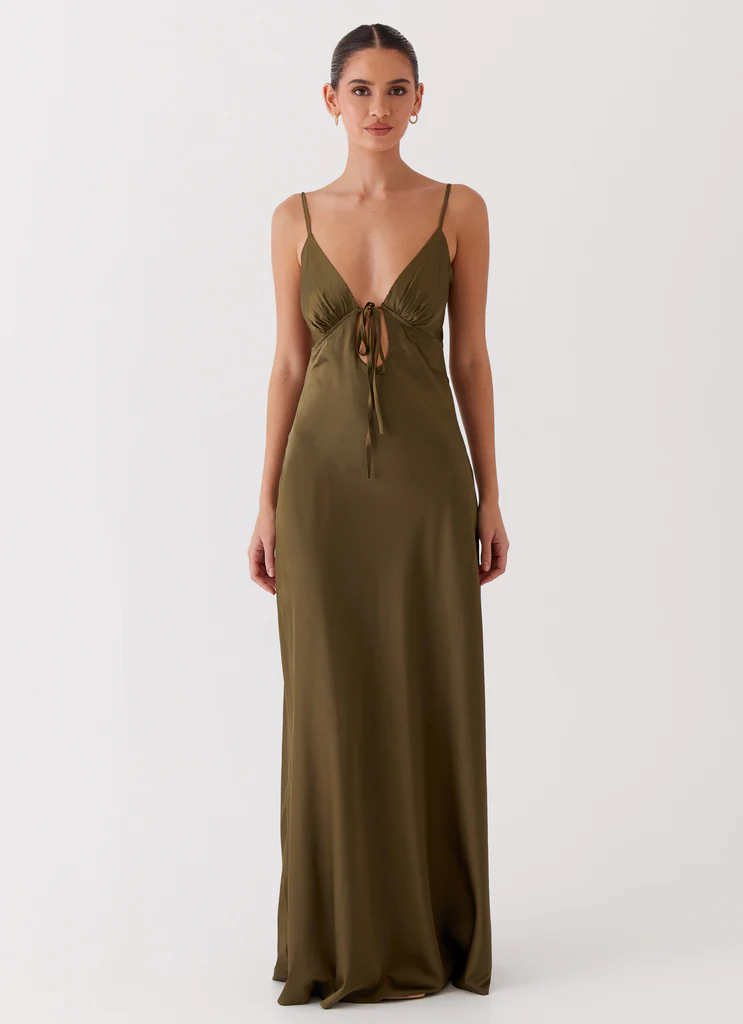 Abito Maxi in Seta Flora - Khaki