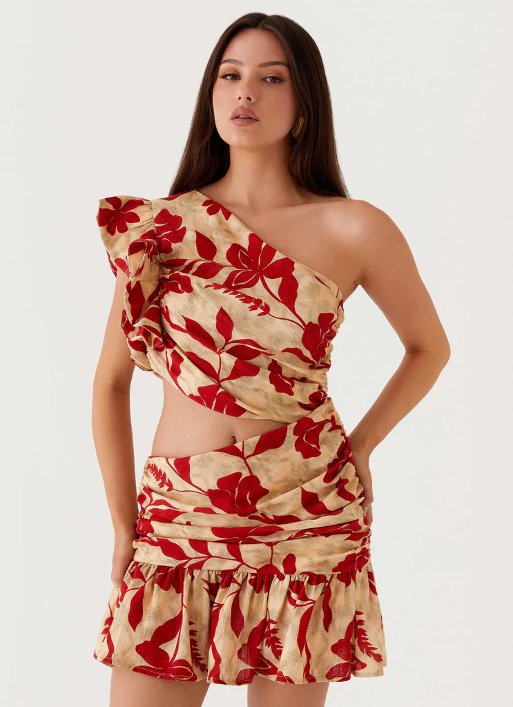 Vestito Mini in Lino Maisie - Fiori Rosso Verde