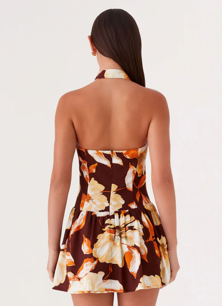 Mini Vestito in Lino Sunset Ballad - Fiori Marroni