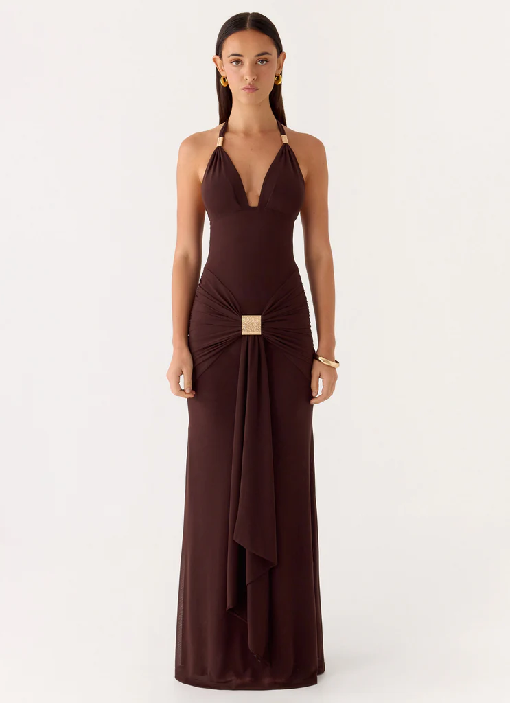 Miyah Halter Hardware Maxi Dress - Cioccolato